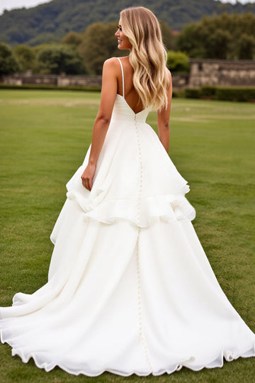 Ivory Chiffon Square Sweep Train Boho Wedding Dress with Ruffles